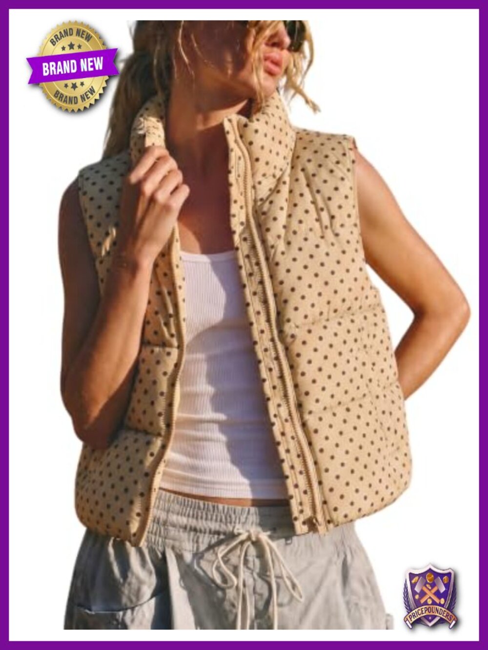 Cropped Quilted Polka Dot Puffer Vest Sleeveless Zip Jacket